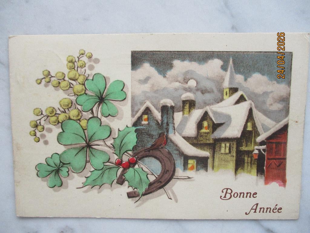 nieuwejaar klaver vier mimosa hoefijzer dorpszicht, Verzenden, 1920 tot 1940, Gelopen, Feest(dag)