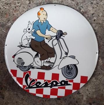 Kuifje met bobby op de Vespa emaillen retro reclame bord beschikbaar voor biedingen