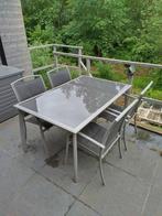Tuintafel met 4 stoelen, metaal grijs, glazen blad, 100x150c, Gebruikt, Rechthoekig, Metaal, Ophalen