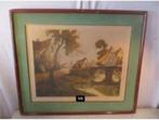 Belle gravure ancienne « Village près d'un pont » - signée, Enlèvement ou Envoi
