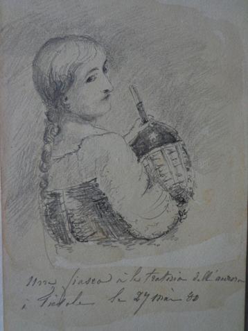 beau dessin au crayon de 1880 Jeune fille avec une bouteille