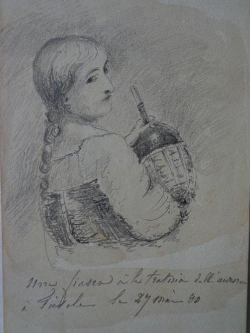 beau dessin au crayon de 1880 Jeune fille avec une bouteille, Antiquités & Art, Art | Dessins & Photographie, Enlèvement ou Envoi