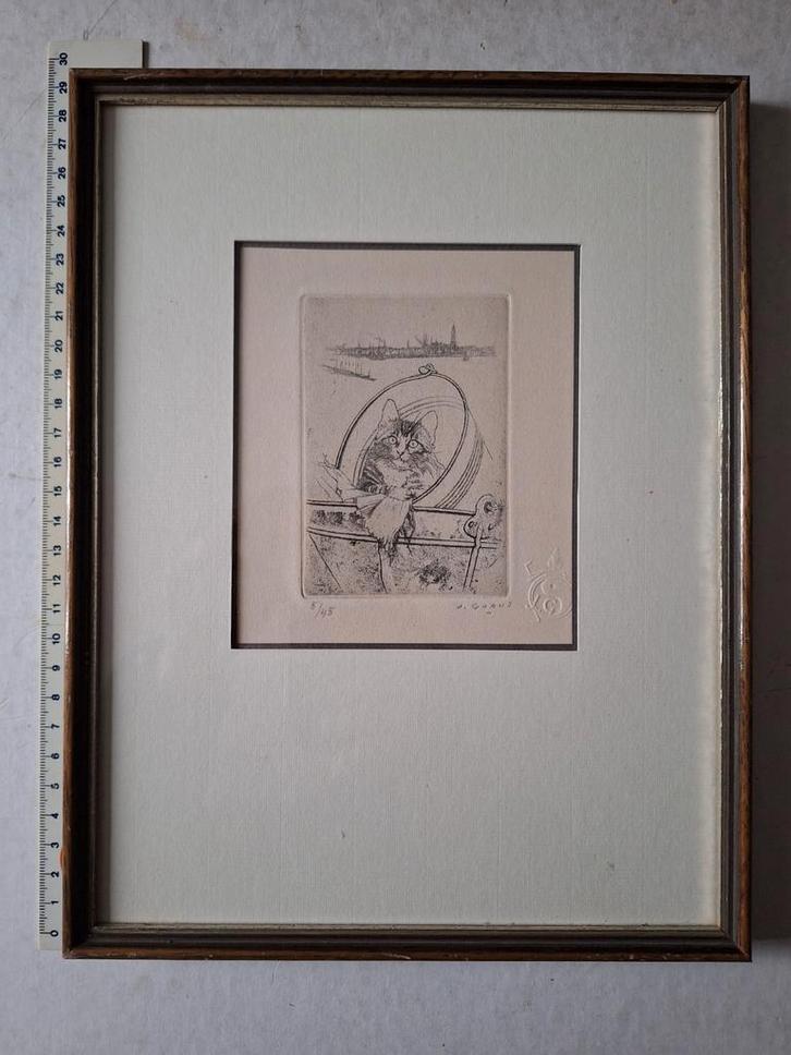 Leuke ets Jaak Gorus kat in emmer. Zicht op rede Antwerpen, Antiek en Kunst, Kunst | Etsen en Gravures, Ophalen of Verzenden