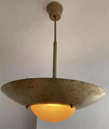 Vintage Franse Kroonluchter – Glas & Metaal – Jaren 70, Enlèvement ou Envoi, Utilisé, Métal