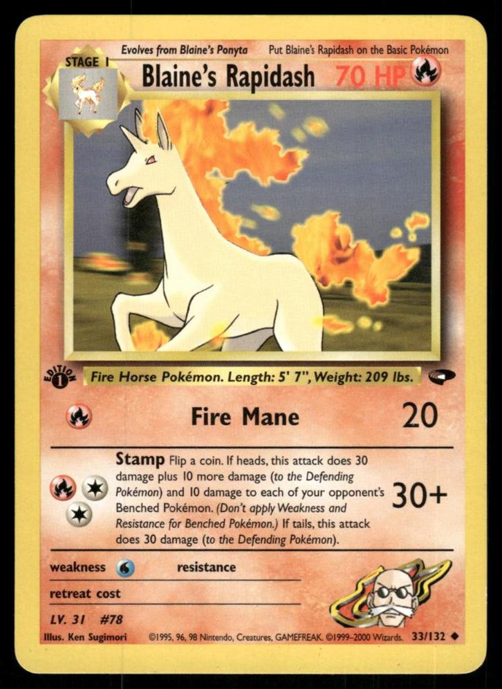Blaine's Rapidash 33/132 - Gym Challenge (1st edition), Hobby en Vrije tijd, Verzamelkaartspellen | Pokémon, Gebruikt, Verzenden