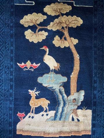 Tapis Chinois Bleu en Laine Noué Main - Cigogne et Cerf