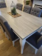 Massief houten landelijke eetkamer: tafel en 8 stoelen, Zo goed als nieuw, Landelijk, massief hout, 6 tot 8 stoelen, Ophalen