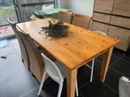 Eettafel in massief grenenhout + 6 rieten stoelen, Huis en Inrichting, Grenenhout, Gebruikt, Ophalen