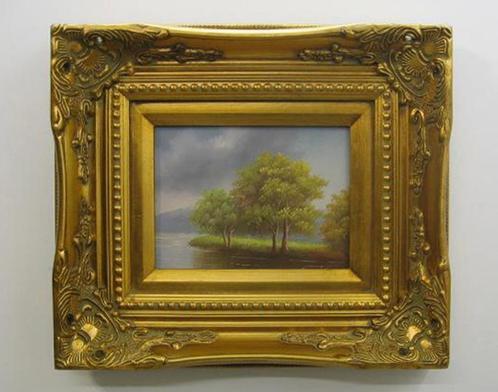 Schilderij op doek 'landschap + meer' - houten kader 38x33cm, Antiquités & Art, Art | Peinture | Classique, Envoi