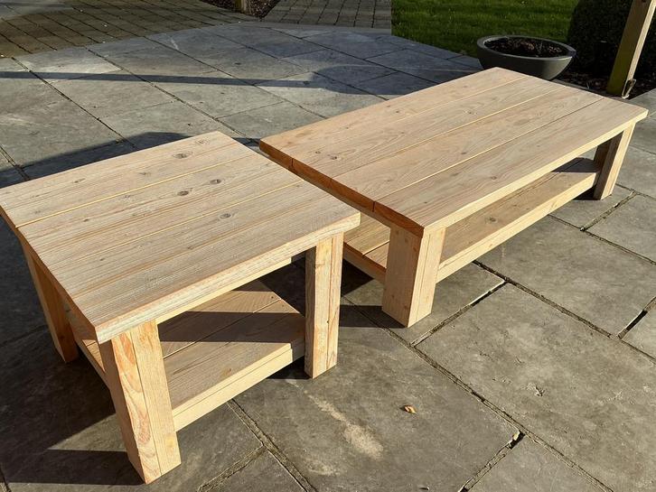 Salontafel + bijzettafel in steigerhout, Maison & Meubles, Tables | Tables de salon, Comme neuf, Enlèvement