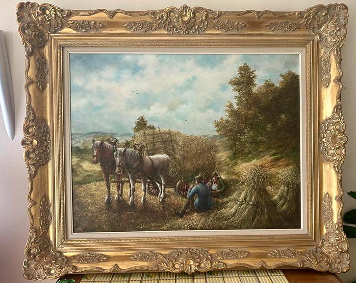 Antiek schilderij olieverf , paarden met kar en knechten, Antiek en Kunst, Kunst | Schilderijen | Klassiek, Ophalen