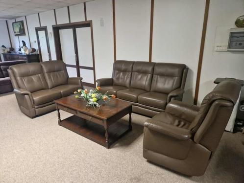 BRUINE BUFFELLEDEREN SALON MET RELAX 3+2+1 ZIT ZWARE KWALITE, Huis en Inrichting, Zetels | Voetbanken en poefs, Gebruikt, Leer