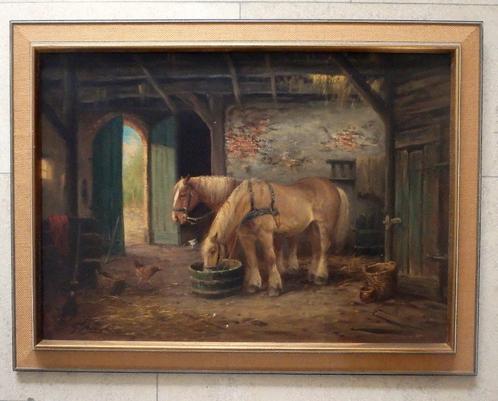Paarden in de stal ca. 1950 - ges. G. Stevens, Antiek en Kunst, Kunst | Schilderijen | Klassiek, Ophalen of Verzenden