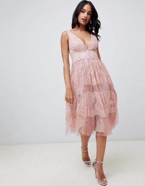 Roze kanten jurk van Asos - Maat 42, Kleding | Dames, Jurken, Maat 42/44 (L), Roze, Ophalen