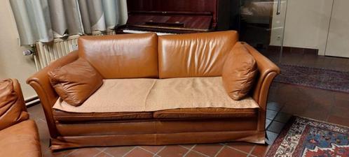 2 3-zit lederen zetels in cognac kleur, Huis en Inrichting, Zetels | Zetels, Gebruikt, Rechte bank, Vierpersoons of meer, 150 tot 200 cm