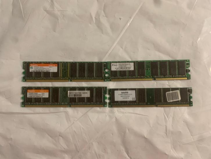 Set 4 DDR PC3200U RAM 512 MB – Hynix/Elixir/TakeMS, Computers en Software, RAM geheugen, Gebruikt, Desktop, 1 GB of minder, DDR