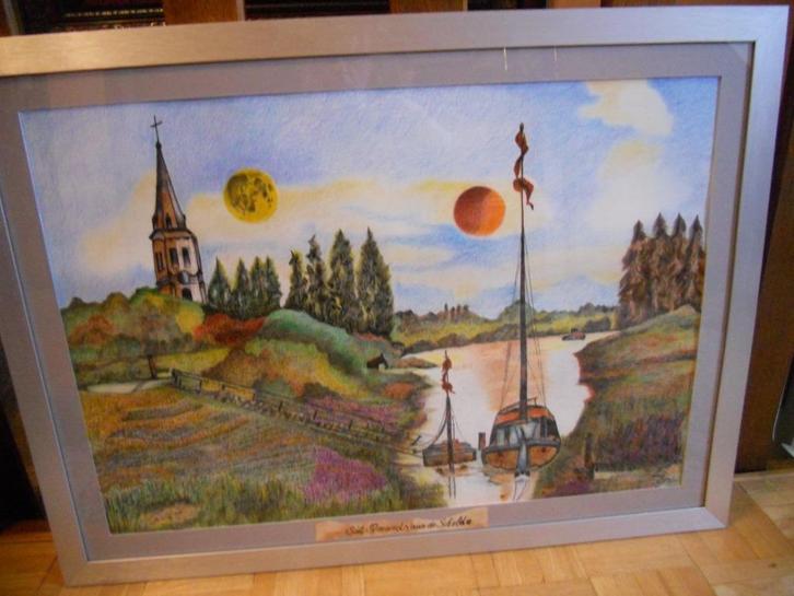 Tekening Sint-Amands aan de Schelde, Antiek en Kunst, Kunst | Schilderijen | Klassiek, Ophalen of Verzenden