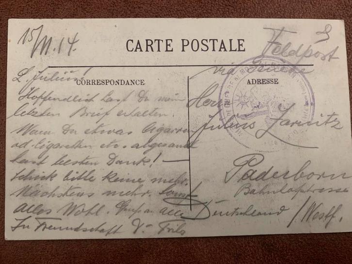 Duitse Feldpost kaart 1914, Verzamelen, Militaria | Algemeen, Landmacht, Foto of Poster, Ophalen of Verzenden
