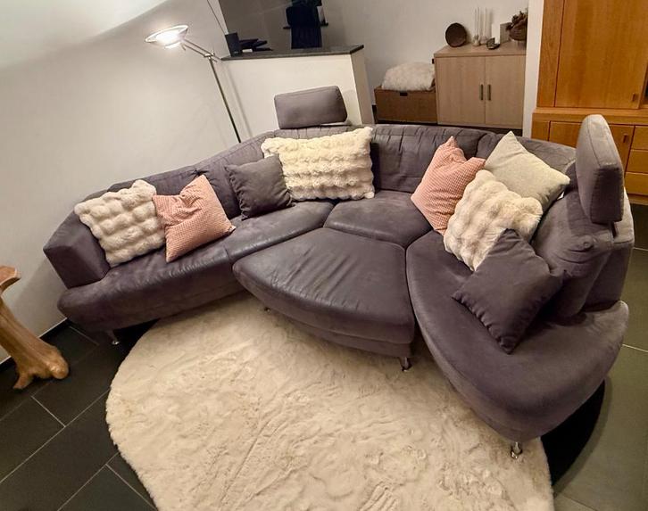 Grijze zetel in microvezel, Huis en Inrichting, Zetels | Zetels, Gebruikt, Hoekbank, Vierpersoons of meer, 250 tot 300 cm, 150 cm of meer