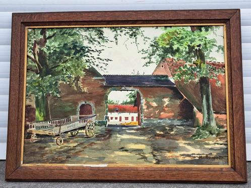 aquarelle fermette signe marie howet, Antiek en Kunst, Kunst | Schilderijen | Klassiek, Ophalen of Verzenden