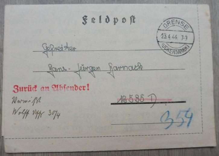 WO2 Wehrmacht veldpost retour gefreiterer VERMIST 1944, Verzamelen, Militaria | Tweede Wereldoorlog, Landmacht, Overige typen