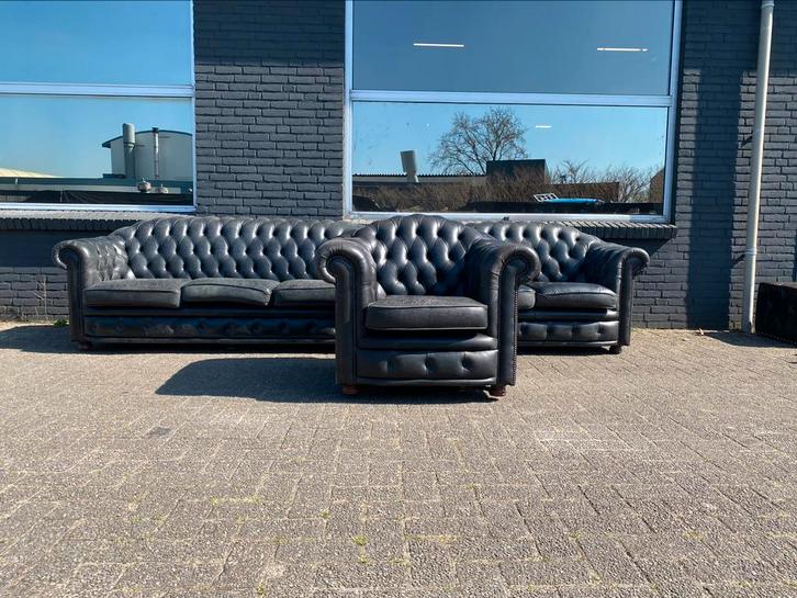 Chesterfield 3+2+1 zit zetels zwart GRATIS GELEVERD, Huis en Inrichting, Zetels | Voetbanken en poefs, Leer, Ophalen of Verzenden