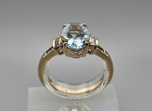 Gouden Vintage ring met aquamarijn en diamant. 2025/74., Handtassen en Accessoires, Ringen, Zo goed als nieuw, Dame, 19 tot 20