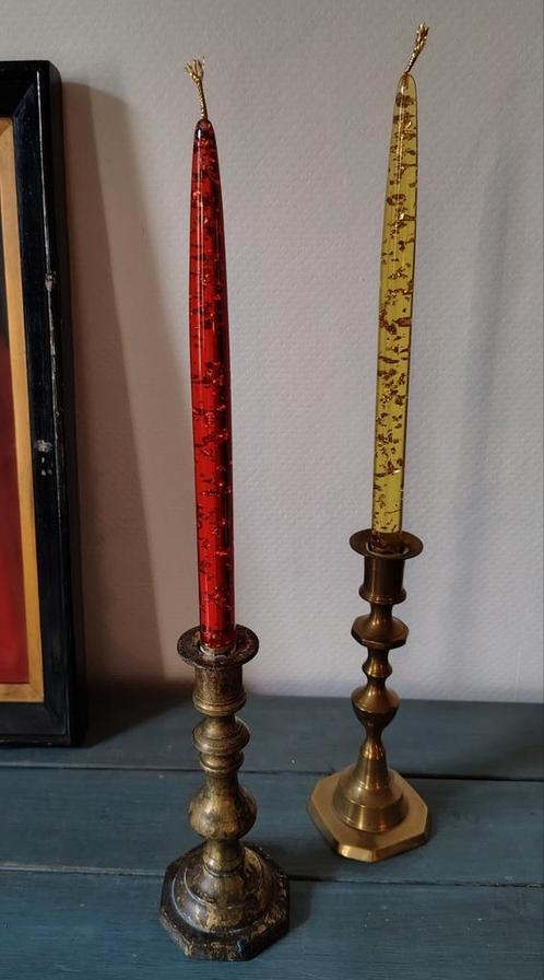 2 vintage lucite kaarsen met bladgoud, Huis en Inrichting, Woonaccessoires | Kandelaars en Kaarsen, Ophalen of Verzenden