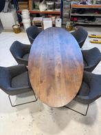 Ovale eettafel 240 cm + 6 grijze stoffen stoelen, Huis en Inrichting, Tafels | Eettafels, Ophalen, Gebruikt, 200 cm of meer, Vijf personen of meer