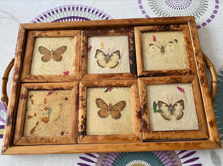 Vintage dienblad en onderzetters — vlinderdecor, Huis en Inrichting, Woonaccessoires | Dienbladen, Ophalen of Verzenden