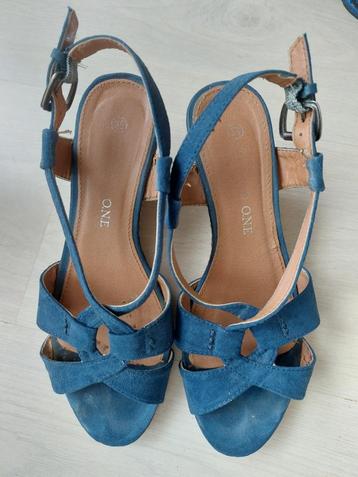 Sandale 37 aspect daim bleu jeans talon compensé 7cm