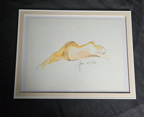 Originele Aquarel – Liggend Naakt (1982, Gesigneerd), Antiek en Kunst, Kunst | Tekeningen en Fotografie, Ophalen of Verzenden
