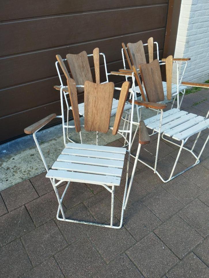 4 authentieke Zweedse stapelbare tuinstoelen –Herman Persson, Tuin en Terras, Tuinstoelen, Gebruikt, Teakhout, Stapelbaar, Ophalen of Verzenden