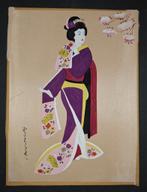 vintage japanse geisha op zijden, Antiek en Kunst, Ophalen