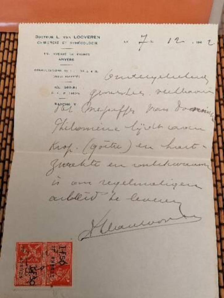 Medisch attest 1942 diagnose, arts signatuur takszegels, Verzamelen, Militaria | Tweede Wereldoorlog, Overige soorten, Overige typen