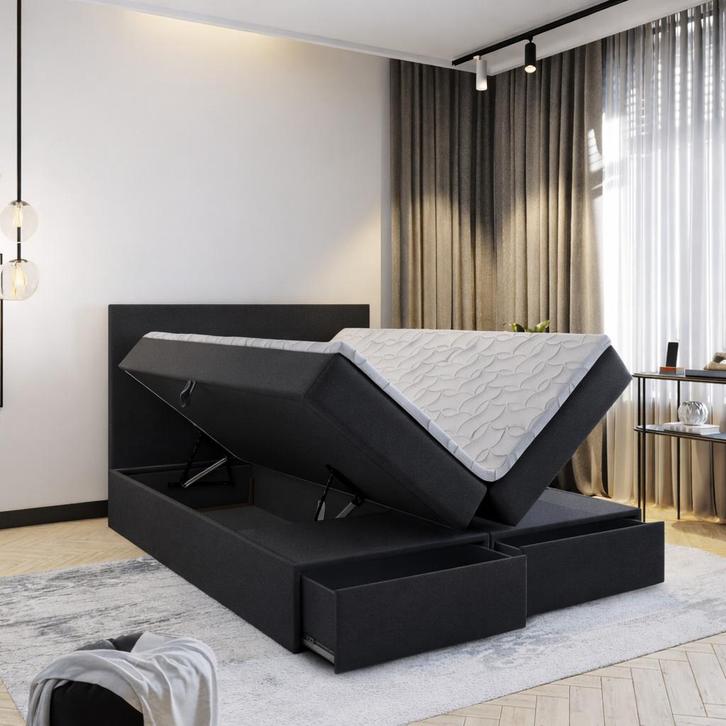 OP=OP Opberg Boxspring met Lade 200 x 200 Zwart, Huis en Inrichting, Slaapkamer | Boxsprings, Overige maten, 200 cm, Grijs, Verzenden