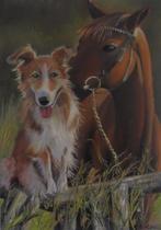 peinture à l'huile cheval/chien (50x70cm), Antiquités & Art, Enlèvement ou Envoi