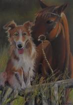peinture à l'huile cheval/chien (50x70cm), Antiquités & Art, Art | Peinture | Classique, Enlèvement ou Envoi