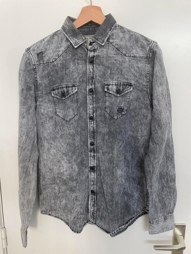 Vervaagd spijkerhemd van Zara, gedragen effect, Kleding | Heren, Overhemden, Nieuw, Halswijdte 38 (S) of kleiner, Grijs, Ophalen of Verzenden