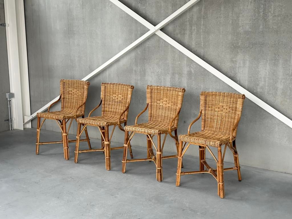 Vintage Rotan Eetkamerstoelen | Set van 4, Enlèvement, Comme neuf, Quatre