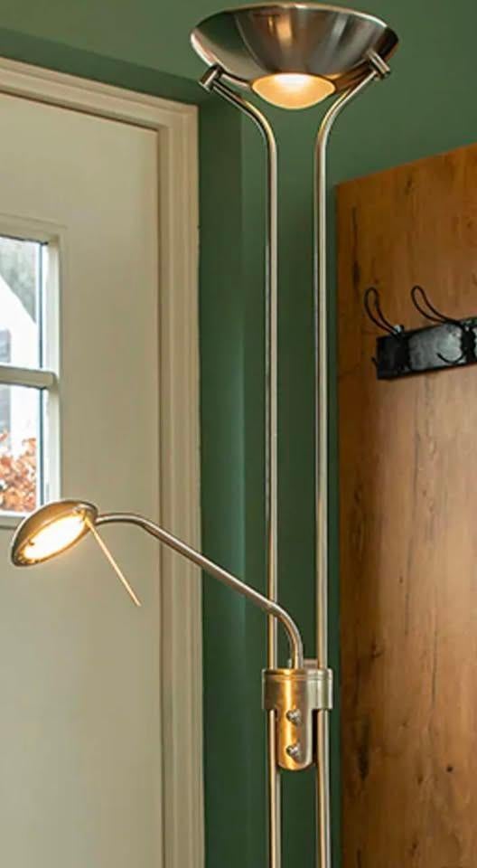 Zilverkleurige stalen vloerlamp + leeslamp, Huis en Inrichting, Ophalen