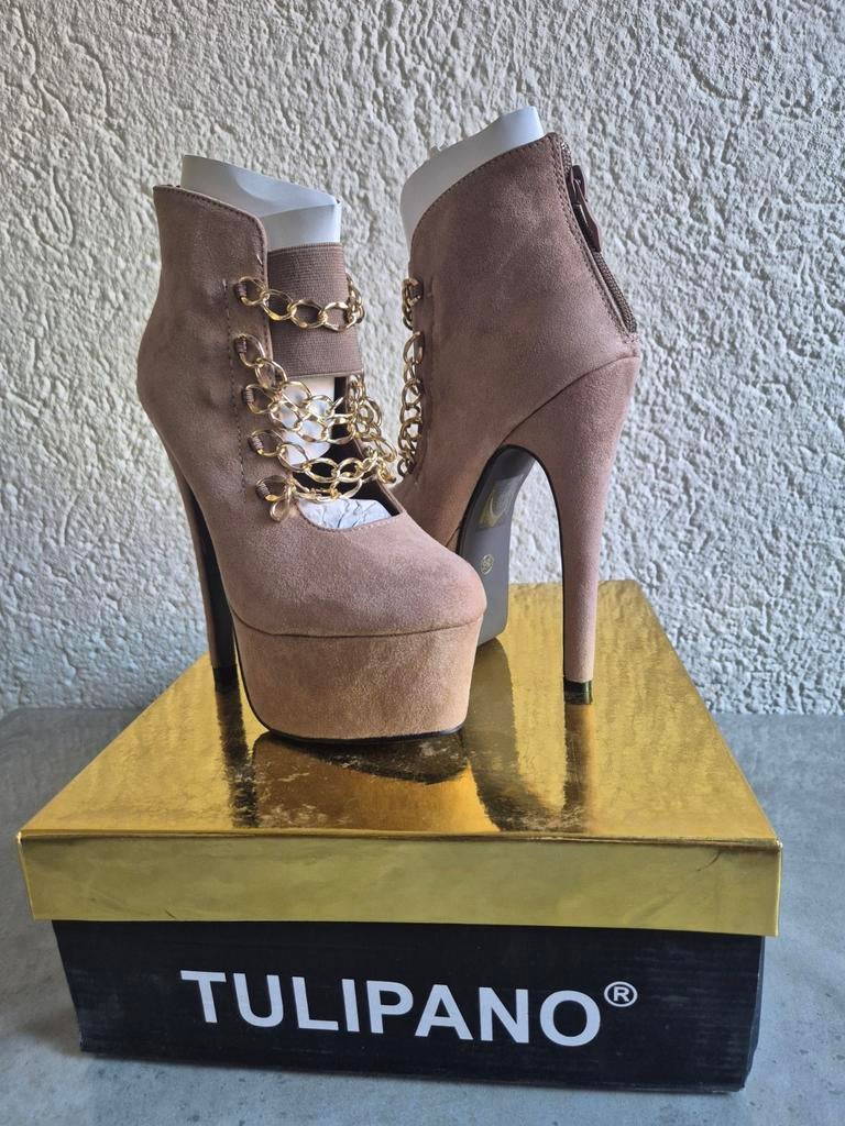 TULIPANO Enkellaarsjes met ketting, maat 35-40, Ophalen, Overige kleuren, Nieuw, Schoenen met hoge hakken