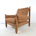 Vintage fauteuil brutalist Deens design hout stof jaren 70, Ophalen
