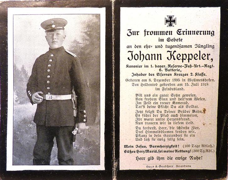 Duits bidprentje voor kanonnier Johan Keppeler., Verzamelen, Bidprentjes en Rouwkaarten, Bidprentje, Ophalen of Verzenden