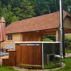 Hottub voor 5-6 personen | Thermowood & RVS houtkachel, Tuin en Terras, Bubbelbaden en Hottubs, Ophalen of Verzenden, Nieuw, Trap