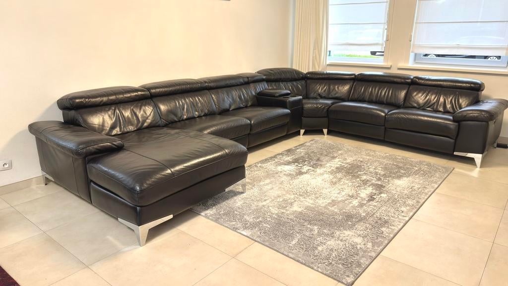 Zwarte, volledig lederen hoekzetel 6pers. elek. relaxfunctie, Maison & Meubles, Canapés | Coins salons complets, Comme neuf, Enlèvement