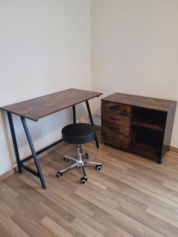 Bureau + commode + tabouret - look industriel, Maison & Meubles, Bureaux, Comme neuf, Noir, Espace de rangement, Enlèvement