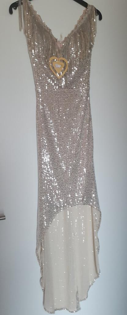 Nieuwe feestelijke jurk met pailletten beige/goud/zilver, Kleding | Dames, Jurken, Nieuw, Maat 36 (S), Onder de knie, Ophalen of Verzenden