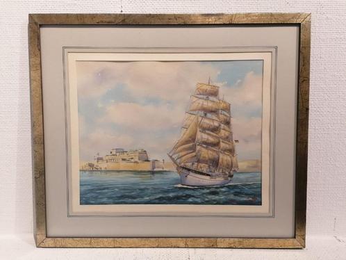 Zeilschip voor een fort – Aquarel op papier, Antiek en Kunst, Kunst | Schilderijen | Klassiek, Ophalen of Verzenden