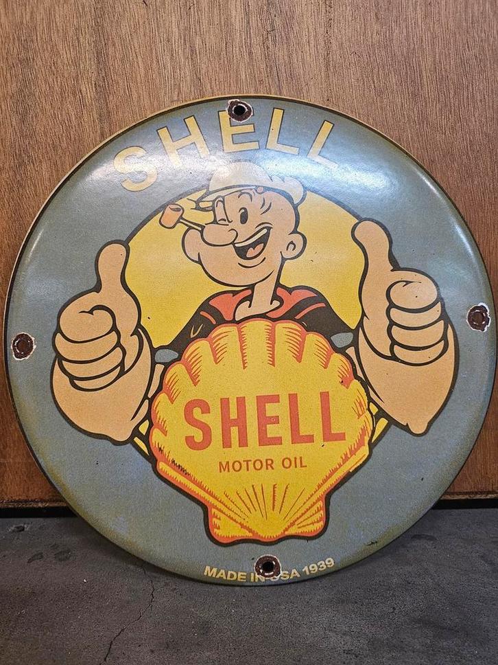 Shell Emaille Popeye Emaillebord, Verzamelen, Muziek, Artiesten en Beroemdheden, Gebruikt, Ophalen of Verzenden